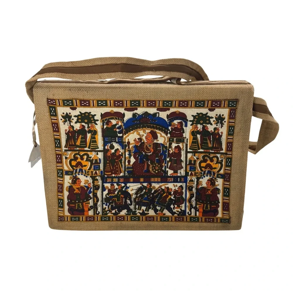 Jute Messenger Bag Indian Tapestry Folk Art Burlap Satchel Ipad Bag Tan Multi